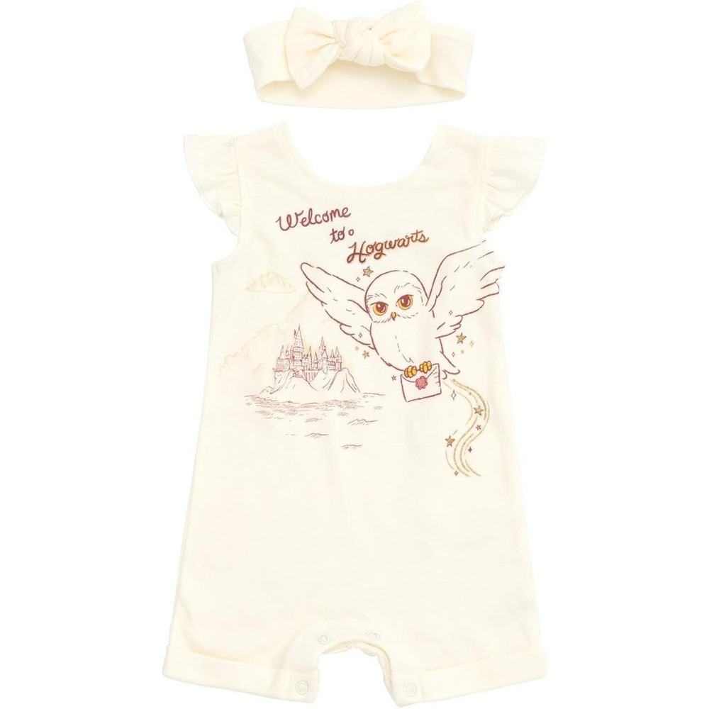 Harry Potter Hedwig Owl French Terry Romper & Headband - Ivory - 12 Months